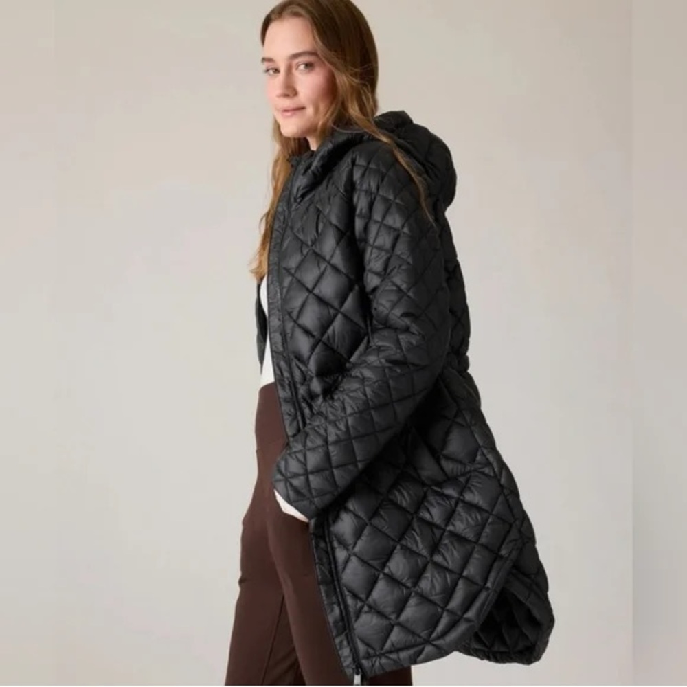 Athleta Black Quilted Hooded Long Puffer Coat